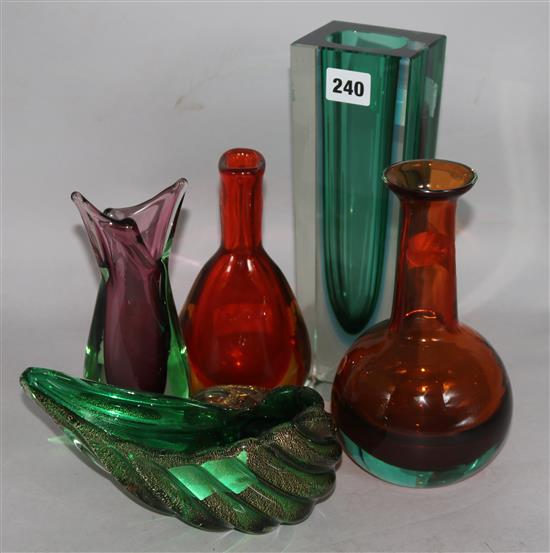 A group of 4 Murano glass vases and a dish